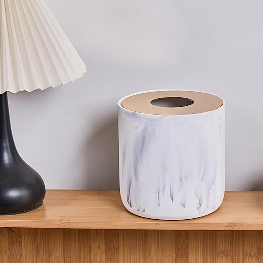 White Marble Textural Mini Trash Can with Rose Gold Stainless Steel Lid Small Countertop Trash Can for Bathroom KitchenDesk Trash CanTable top Mini Garbage CansResin Tiny Waste Basket for Vanity