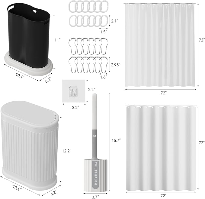 Stainless Steel Bathroom Trash Can and Toilet Brush Set1.6 Gallon Small Trash Bin with Press Type Lid White Bathroom Sets with Curtain and Liner for Bathroom