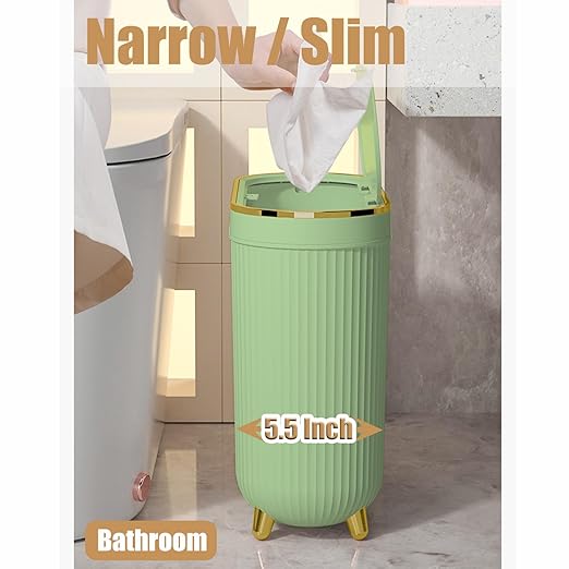 Yatmung Slim Bathroom Trash Can with Lid - Small Plastic Waste Paper Basket - Press-Top Trash Bin for Bedroom Home Office Narrow Space - 3.2 Gallon Decorative Garbage Can - Mint Green with Gold Legs