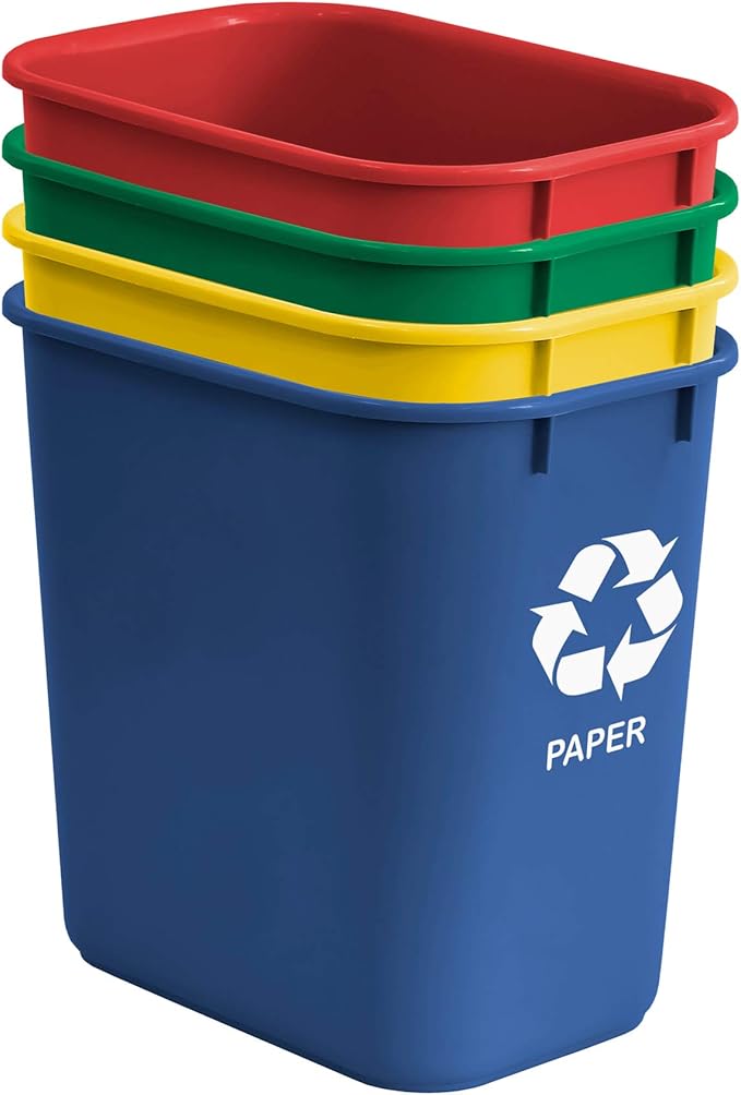 Acrimet Wastebasket Bin for Recycling 6.75 Gallon/ 27 Quart/ 25.552 Liter (Made of Plastic) (Metal/Yellow Paper/Blue Glass/Green Plastic/Red) (Set of 4)