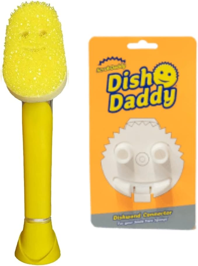 Scrub Daddy Dish Daddy Dish Wand &amp Connector Head Soap Dispensing Dish Brush Texture Changing Washing Up Sponge With Liquid Handle Dish Sponge with Built-in Scraper Scrubbing Head &amp Stand