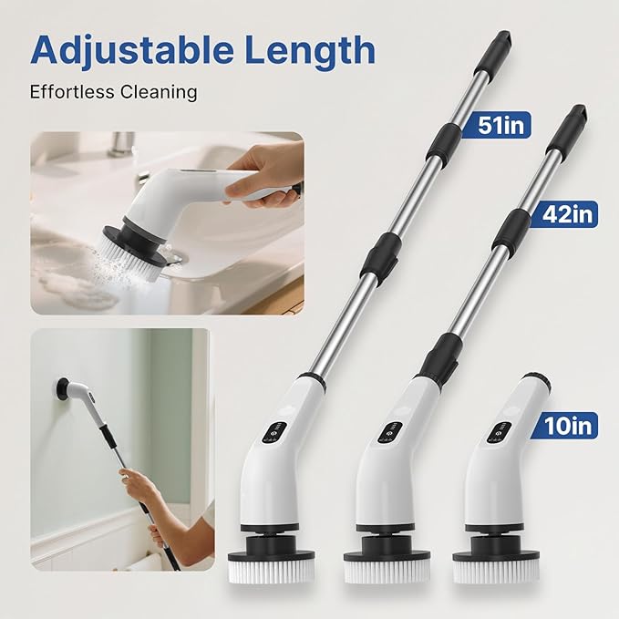 8 in 1 Electric Spin Scrubber for Cleaning Bathroom 3000mAh Power Scrubber Cordless Cleaner with Long Handle 3 Speeds Bathtub House Clean Brush Deep Cleaning for Tile Shower Wall Floor