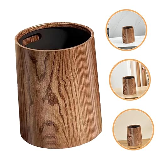 Garneck Rustic Wood Grain Trash Can 8L Plastic Wastebasket Large Capacity Bathroom Kitchen Office Toilet Bin Farmhouse Style Household Garbage Bin