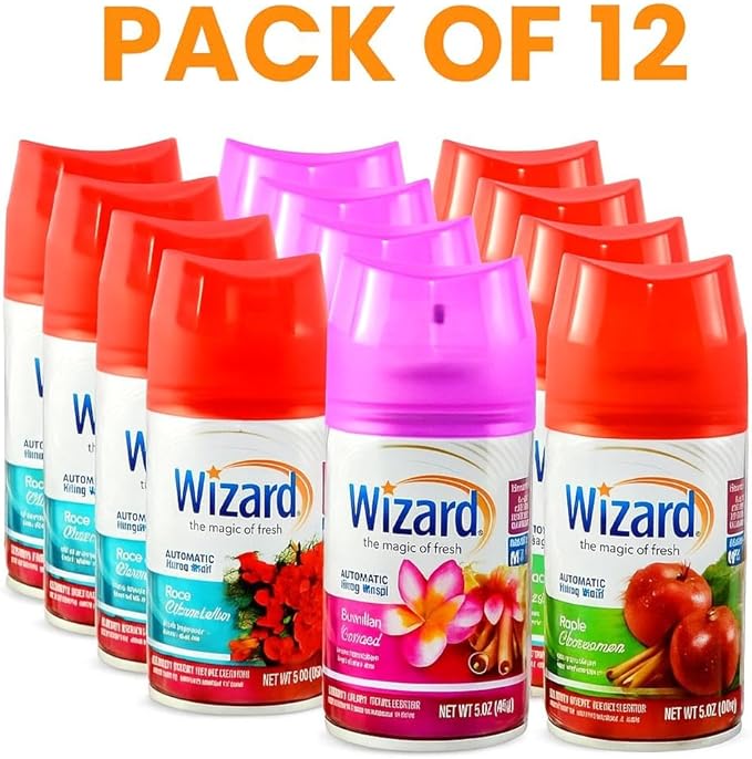 12 WIZARD AUTOMATIC SPRAY REFILLS 5 oz VARIETY PACK 4 EACH ROSE BOUQUET-HAWAIIAN RETREAT-APPLE CINNAMON