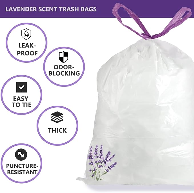 13 Gallon Trash Bags Lavender Scented (100 Count) Tall Kitchen Drawstring Garbage Bags 10-13 Gallon High Density Bags (White)