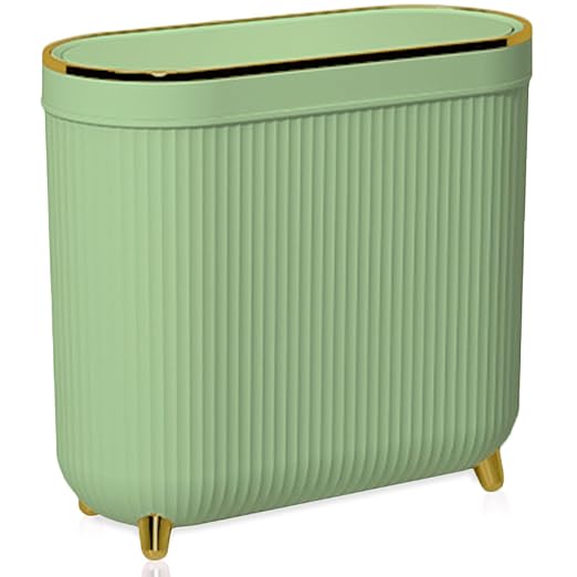 Yatmung Slim Bathroom Trash Can with Lid - Small Plastic Waste Paper Basket - Press-Top Trash Bin for Bedroom Home Office Narrow Space - 3.2 Gallon Decorative Garbage Can - Mint Green with Gold Legs