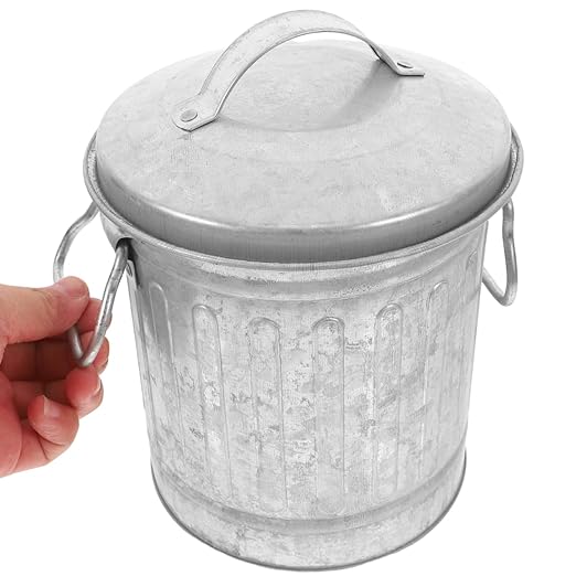 Mini Galvanized Trash Can Small Trash Can with Lid Table Top Metal Rubbish Bin Wastepaper Basket Flower Pot Pen Holder Kitchen Compost Bin Ash Bucket
