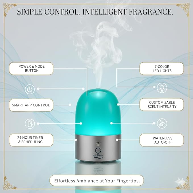G's Breeze Smart Aroma Diffuser with Refill – Bluetooth &amp Wi-Fi App Control LED Lighting Adjustable Intensity Long-Lasting Woody Fragrance for Home or Office - Musk