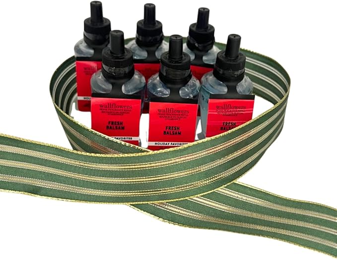 Bath &amp Body Works FRESH BALSAM Wallflowers Home Fragrance Refill Gift Set with 30-Inch Forest Green Ribbon and Metallic Gold Stripes &amp Sheer Accents for Holidays 0.8 fl oz each - Pack of 6