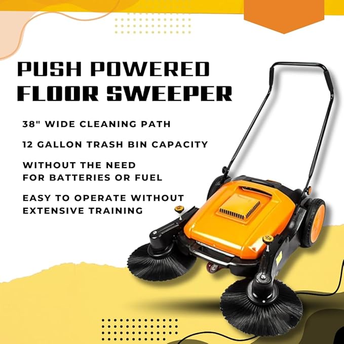 RT980S 38 Outdoor and Indoor Manual Push Floor Sweeper with Triple Brushes 12-gal Waste Container 38000 Square Feet per Hour Walk-Behind Industrial and Commercial Floor Sweeper