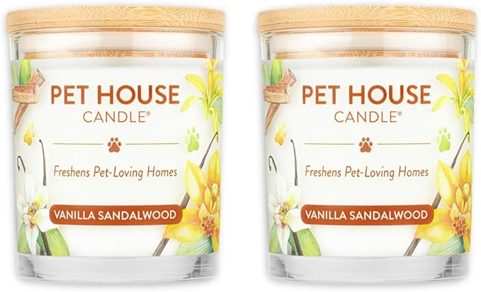 One Fur All Pet House Candle 2 Pack - Plant-Based/Soy - Clean Burning Scented Long Lasting Pet Odor Candle for Home - Vanilla Sandalwood