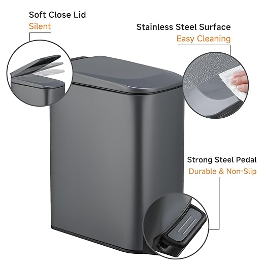 TIPGO Slim Bathroom Trash Can with Lid Soft Close 6 Liter / 1.6 Gallon Stainless Steel Garbage Can with Removable Inner Bucket Step Pedal Small Trash Cans for Bedroom Office Kitchen (Grey)