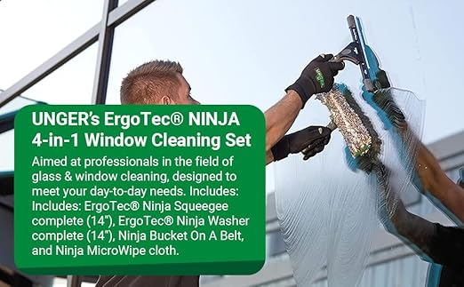Unger Commercial ErgoTec Advanced Window Cleaning Ninja Kit 4-in-1 – Squeegee Scrubber Tool Holder Microfiber Cloth – Professional Indoor/Outdoor Window Cleaning Equipment WNK12