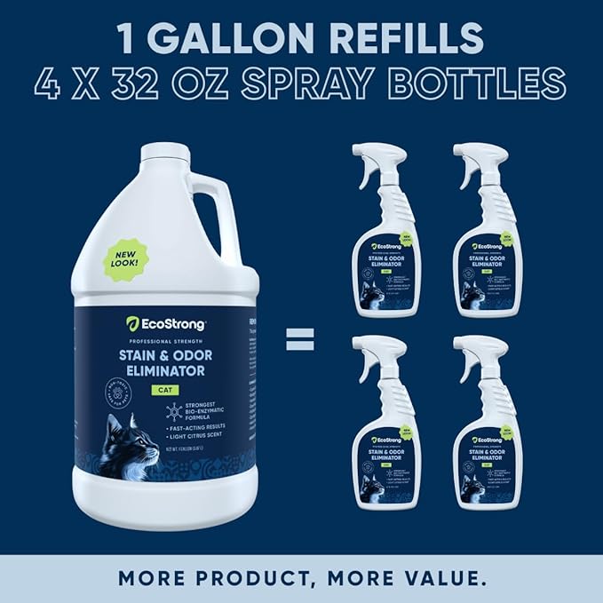Eco Strong Cat Stain And Odor Remover| Enzyme Urine Odor Neutralizer - Stain Remover for Carpet Litter Boxes Bedding and Laundry [Citrus Scent Gallon Value Size]