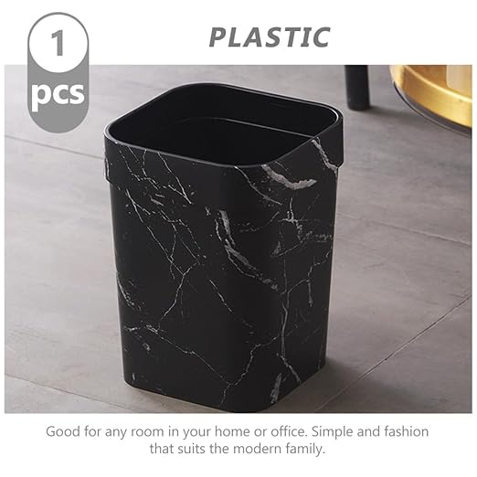 Marble Pattern Square Wastebasket 12L Plastic Garbage Bin with Lid Black Bathroom Trash Can for Residential and Hospitality Use