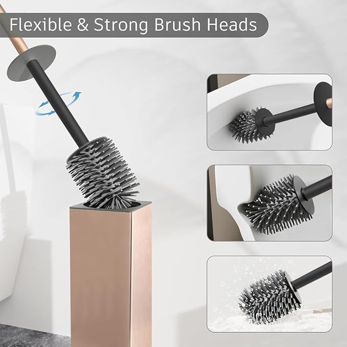 BGL Standing Toilet Brush and Holder Rose Gold Aluminium Toilet Bowl Cleaner Brush and Holder for Bathroom Storage and Organization Square Design Sturdy and Space Saving