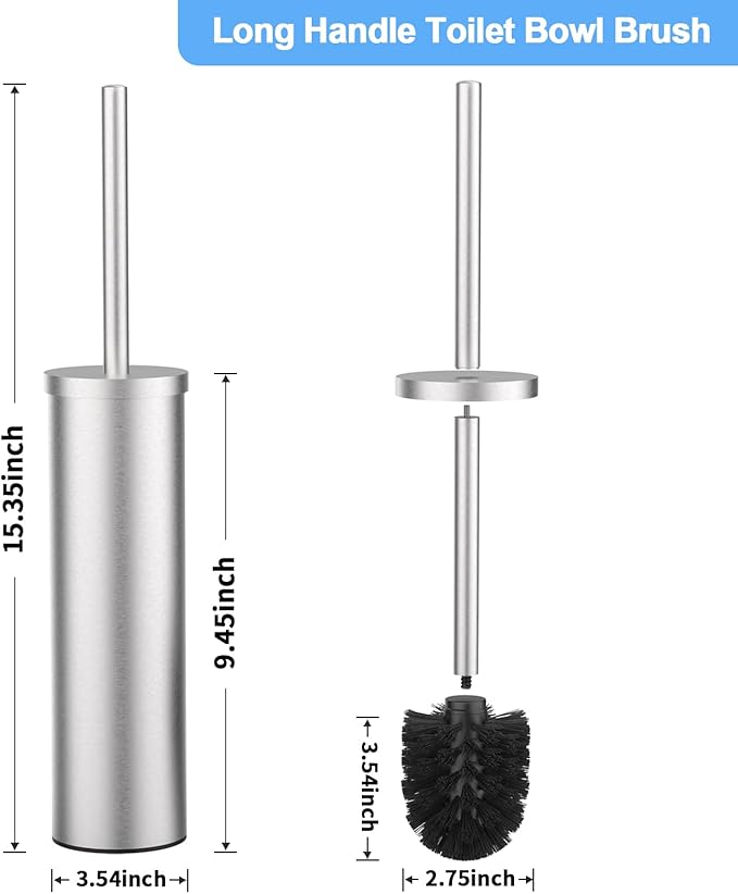 Stainless Steel Toilet Brush and Holder Set Wall Mount Heavy Duty Toilet Bowl Brush Brushed Silver Toilet Bowl Brush Set with Long Handle for Bathroom and Farmhouse