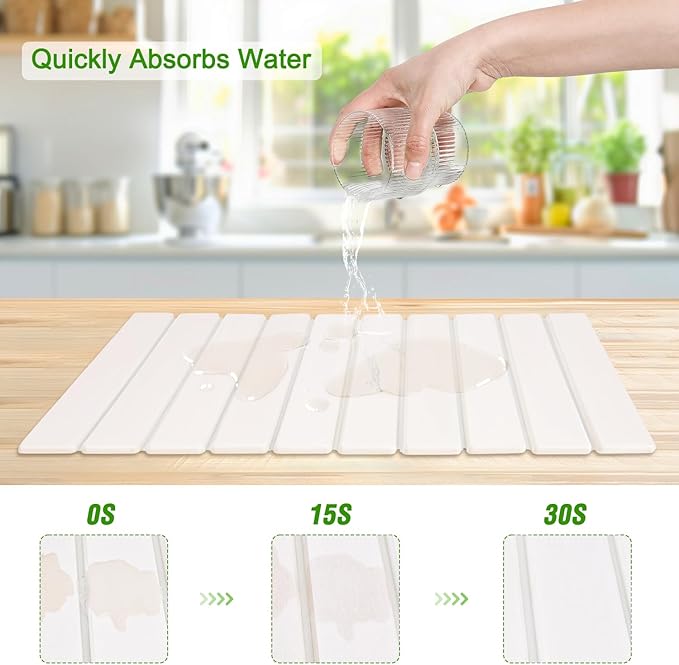 Foldable Stone Dish Drying Mat for Kitchen Counter24×16Fast Dry Pad Absorbent Countertop Mat Heat-resistant MatDiatomaceous Earth MatsWhite