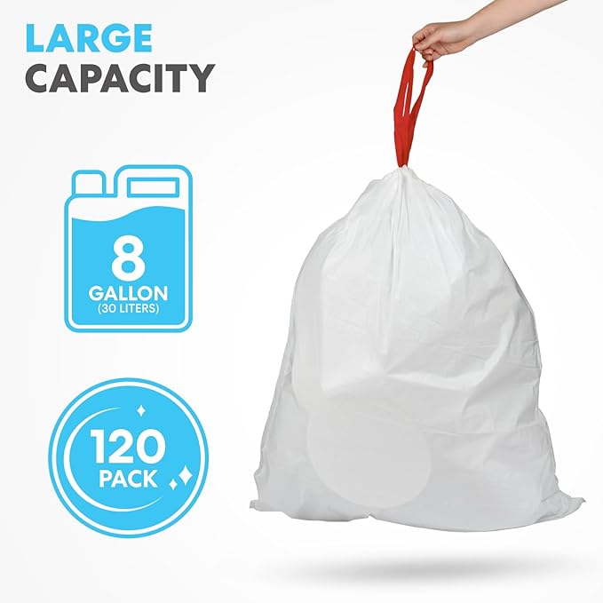 Simpli-Magic 8 Gallon Drawstring Trash Bags Code A 120 Pack – Tall Kitchen Garbage Bags Custom Made with Premium Materials (White)