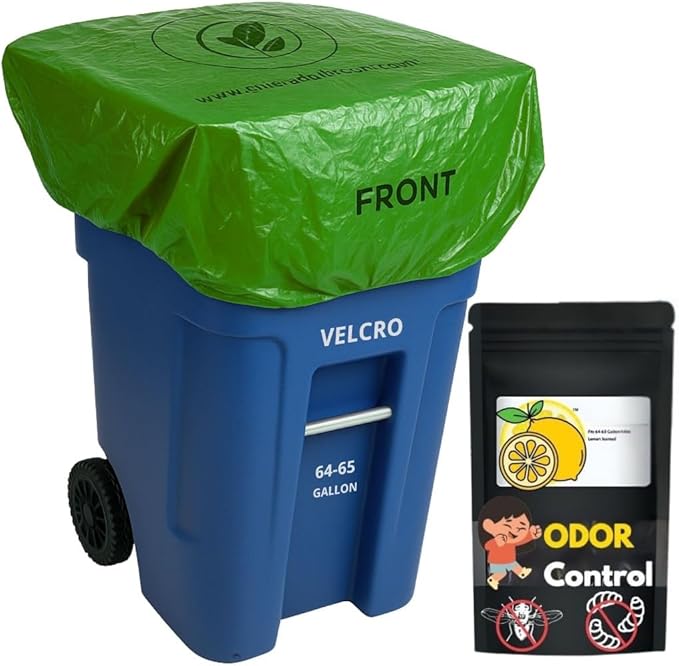 Trash Can Smell Eliminator Cover Odor Eliminating Bag with Optional Straps Lemon Scented Durable Chemical Free 32 Gallon 2 Pack