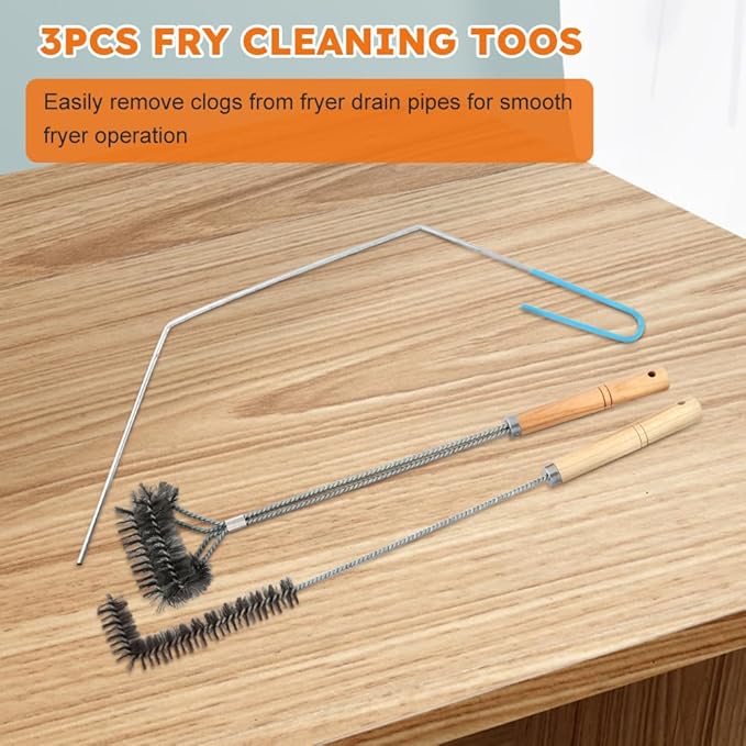 3PCS Brass Bristles Fryer Cleaning Tools L Shaped Fryer Cleaning Brush Long Handle Fryer Basket Cleaning BrushDeep Fryer Cleanout RodBristles for Grill BBQ Cleaning