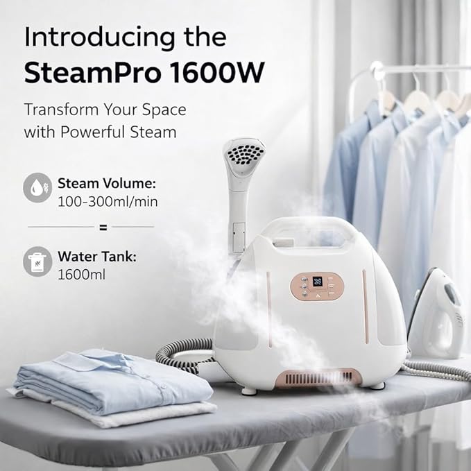 Rolling Carpet Spot &amp Upholstery Cleaner 1600W Steamer 1600ml Dual Tank White - Self - Cleaning Steam &amp Vacuum for Pet Rugs &amp Tiles