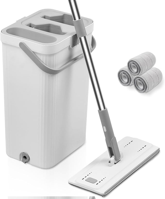 Flat Mop and Bucket with Wringer Set Hands-Free Floor Mop and Bucket with 3 Reusable Washable Microfiber Pads and 66 Stainless Steel Handle Wet and Dry Use for Home Floor Cleaning