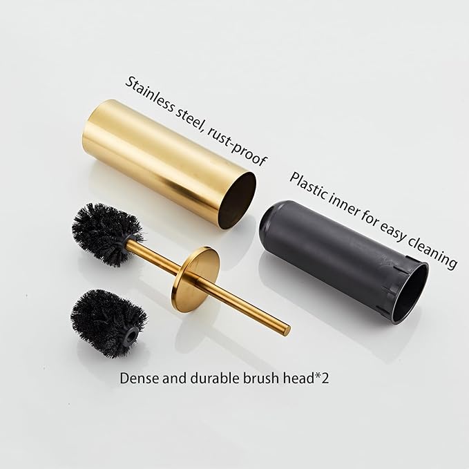 Brushed Gold Toilet Brush and Holder Set - Stainless Steel Toilet Bowl Scrubber with Replaceable Head &amp Splash Guard