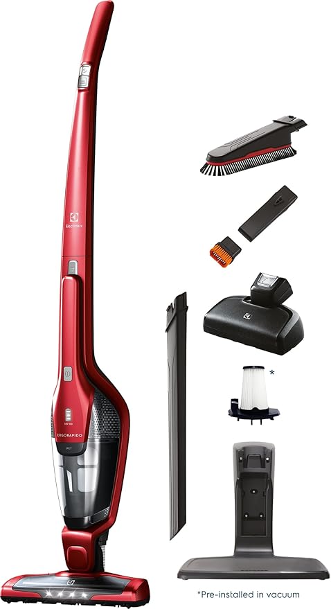 Electrolux Ergorapido Pet Cordless 2-in-1 Vacuum Cleaner with Motorized Pet Nozzle for Easy Pet Hair Removal 48-Minute Run Time 2 Power Modes Chili Red
