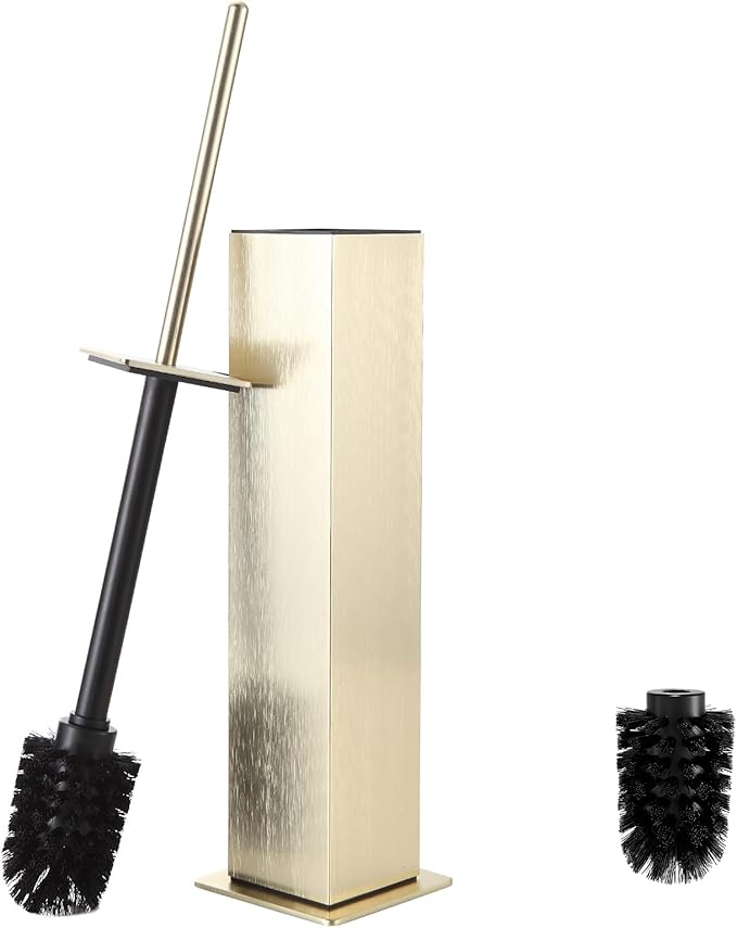 Toilet Brush and Holder Floor Standing Brushed Gold with 2 Replaceable Heads Bathroom Toilet Brush Freestanding Toilet Bowl Brush with Removable Liner and Splash Guard Modern Square Design