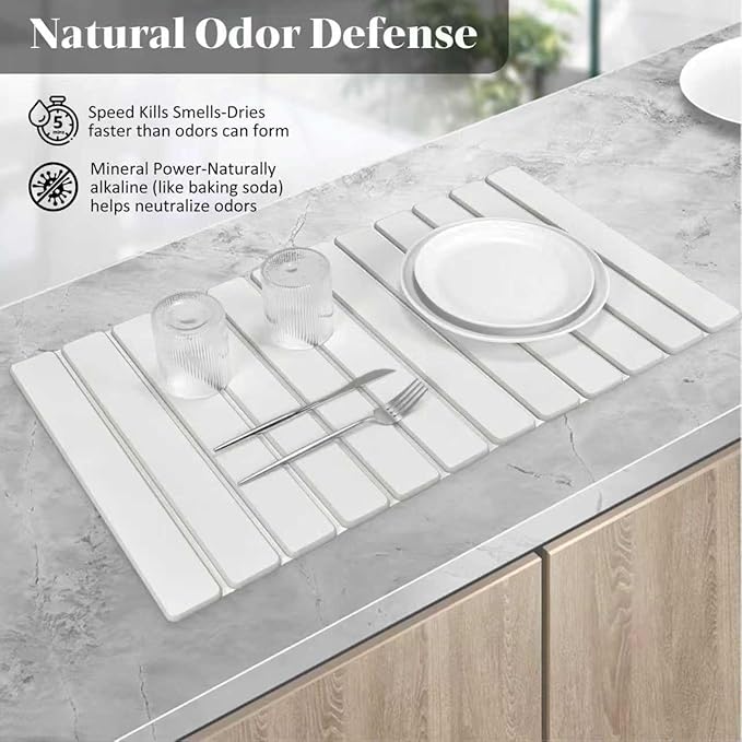 Extral Large Stone Dish Drying Mats for Kitchen Counter 28(L)×16(W) Collapsible Quick Drying Dish Mats Eco-Friendly Absorbent Diatomaceous Earth Mat for Dishes Cups Bottles Match Any Countertop