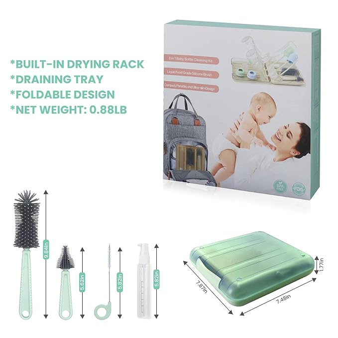 Rrwin Bottle Brush Cleaner Kit with Baby Bottle Drying Rack Exendable Silicone Bottle Brush Nipple Brush Straw Brush Soap Dispenser &amp Storage Box. Compact Size for Babies and MomsGreen