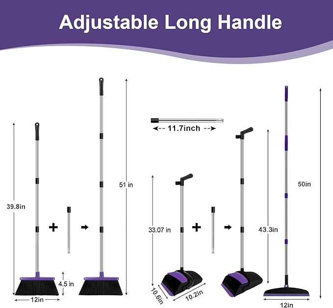 Broom with Dustpan Combo Set and Silicone Air Broom Kit 51 Long Handle Floor Squeegee Purple Household Kit for Glass Window Rugs Pet Hair Home