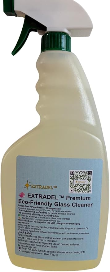 EXTRADEL™ Premium 32 fl oz Eco-Friendly Glass Cleaner Plant-Based Streak-Free Light Naturally-Derived Scent Biodegradable Spray
