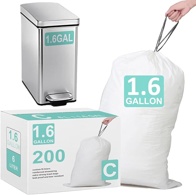 1.6 Gallon Code C 200 Count Heavy Duty Trash Bags Perfect Fit 10-12 Liter with Reinforced Drawstring Compatible with simpleman Code C White Garbage Liners Leak-Proof &amp Tear Resistant