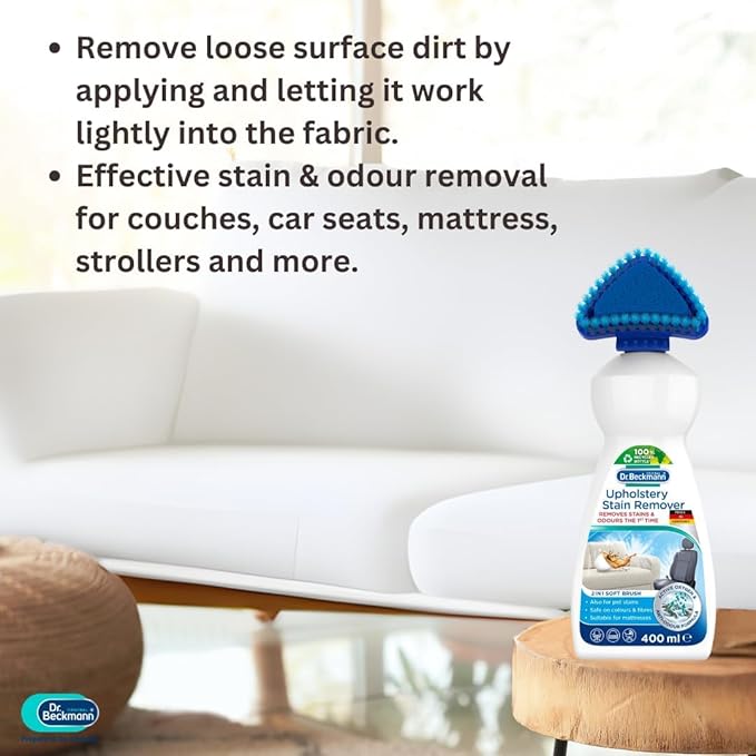 Dr. Beckmann Upholstery Stain Remover Liquid 400Ml|Removes Even Stubborn Stains And Odours From Sofa Couch Car Seats Office Chairs Mattresses &amp More|With Applicator Brush|Sofa Cleaner