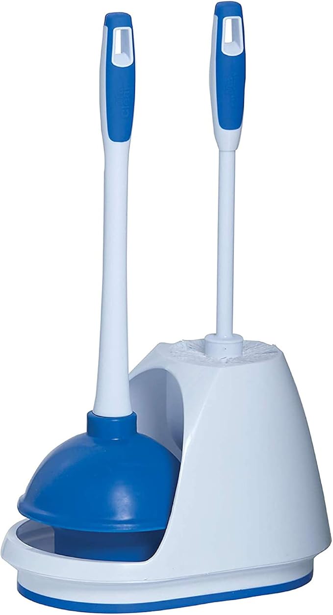 Mr. Clean Toilet Plunger and Bowl Brush Combo with Caddy 3-Piece Heavy-Duty Plunger Toilet Brush and Caddy Set White/Blue