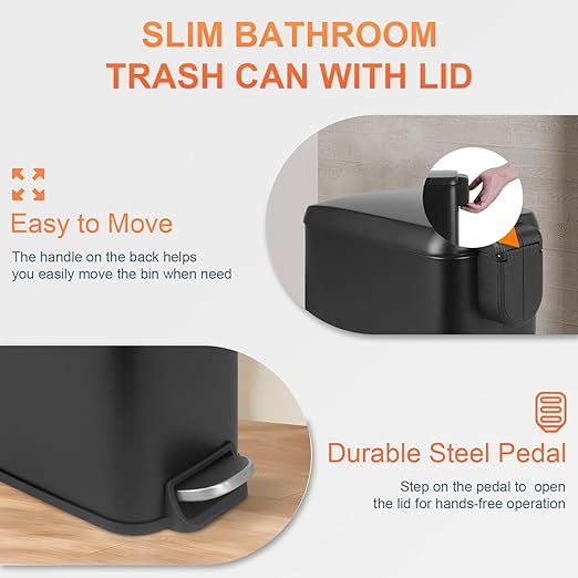 PayLessHere 1.3 Gallon Small Bathroom Trash Can with Lid Black Stainless Steel Garbage Can with Removable Inner Bucket for Home and Bathroom (5Liter)