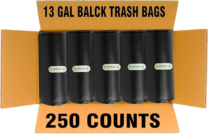 13 Gallon Trash Bags 250 Count Black Tall Kitchen Garbage bags Multi-purpose Trash Can Bin Liners for Bathroom Office Industrial Commercial Janitorial Municipal Recycling