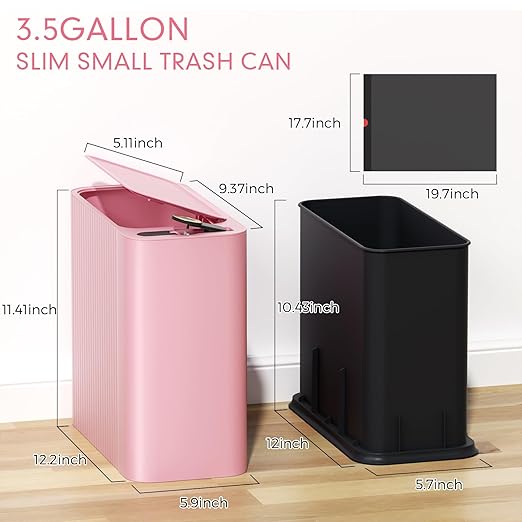 Bathroom Trash Can with Lid 13 Liter/ 3.5 Gallon Pink Trash Can with Pop-Up Lid Bedroom Trash Can Small Garbage Can with 150 Counts Trash Bags for Small Bathroom Bedroom Office