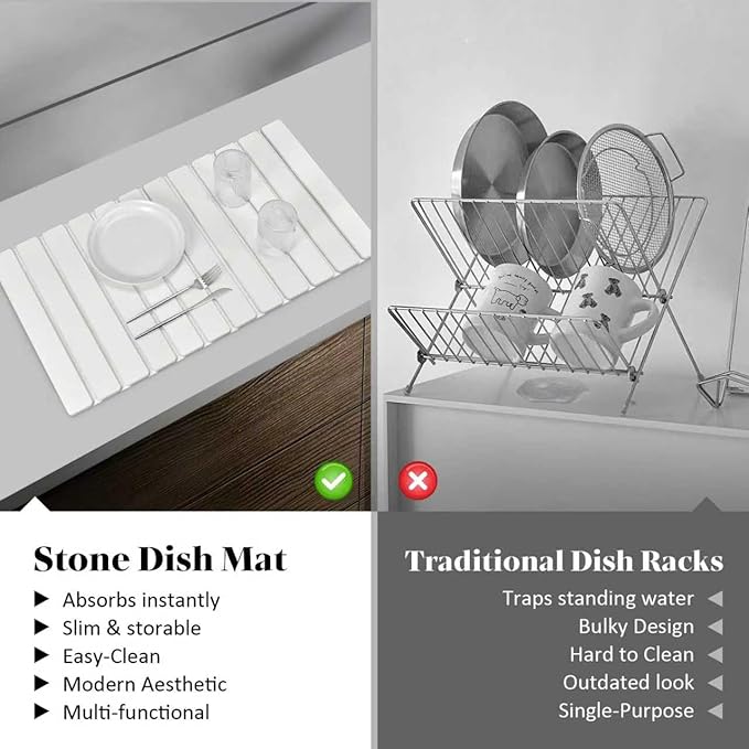 Extral Large Stone Dish Drying Mats for Kitchen Counter 28(L)×16(W) Collapsible Quick Drying Dish Mats Eco-Friendly Absorbent Diatomaceous Earth Mat for Dishes Cups Bottles Match Any Countertop