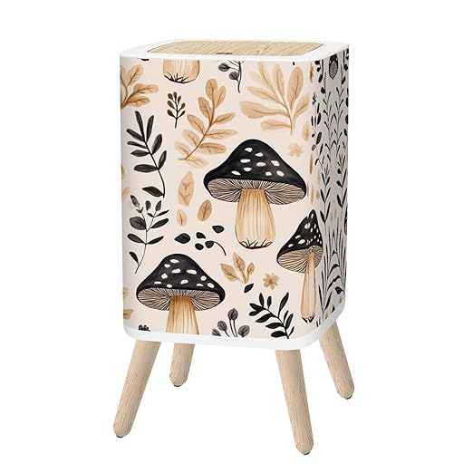 Small Trash Can with Lid Mushroom Seamless Boho Black Brown Mushroom Forest Vintage Mushrooms 2.6 Gallon/10L Garbage Can Waste Bin with Pop-Up Lid Wood Legs Wastebasket for Bathroom Kitchen Bedroom
