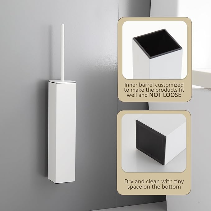 Toilet Brush and Holder Wall Mounted White Aluminum with 2 Replaceable Heads Bathroom Toilet Brush Drill or 3M Adhesive Mount for Bathroom