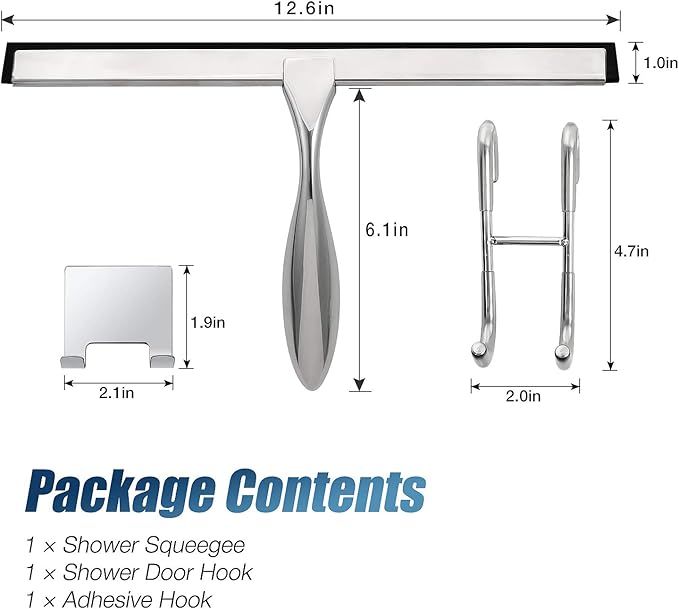 Simtive 12-Inch Shower Squeegee Set Includes Shower Door Hook and Adhesive Hook Squeegee for Shower Doors Mirror and Window Silver