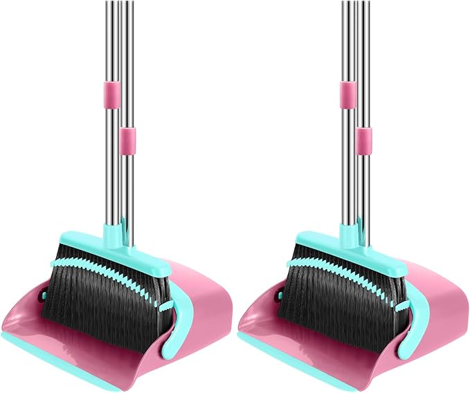 Broom and Dustpan Set 52-in Long Adjustable Handle Broom Dustpan Combo with Dust pan Teeth to Automatically Clean Hair Suitable for Home Kitchen Office Hall Floor (Pink&ampBlue) 2 Pack