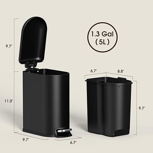 CEROELDA Small Bathroom Trash Can with Lid Soft Close 5L/1.3 Gallon Stainless Steel Slim Garbage Can Metal Waste Basket with Step Pedal for Office Bedroom Toilet Dorm Room (Black 1.3 Gallon)