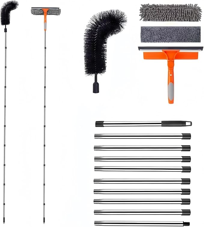 12.5 FT Window Cleaning Kit with 10-Section Extension Pole Silicone Squeegee Window Washer &amp Gutter Cleaning Brush for High Windows Glass Cars &amp Gutters