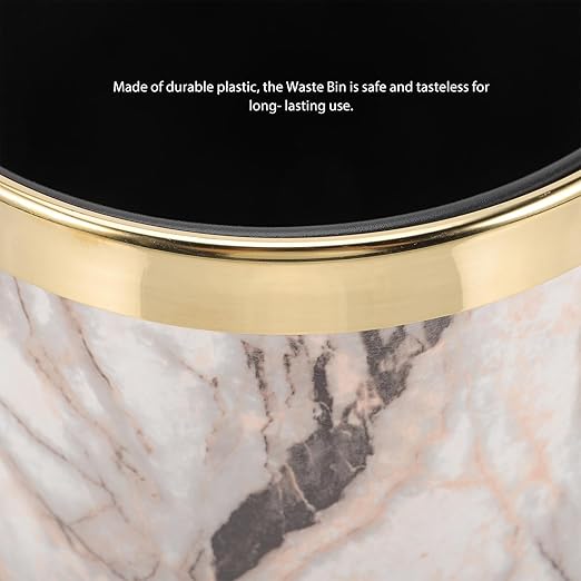 Marble Pattern Wastebasket with Gold Ring Round Plastic Bathroom Trash Can Kitchen Garbage Container for Residential and Hospitality Use