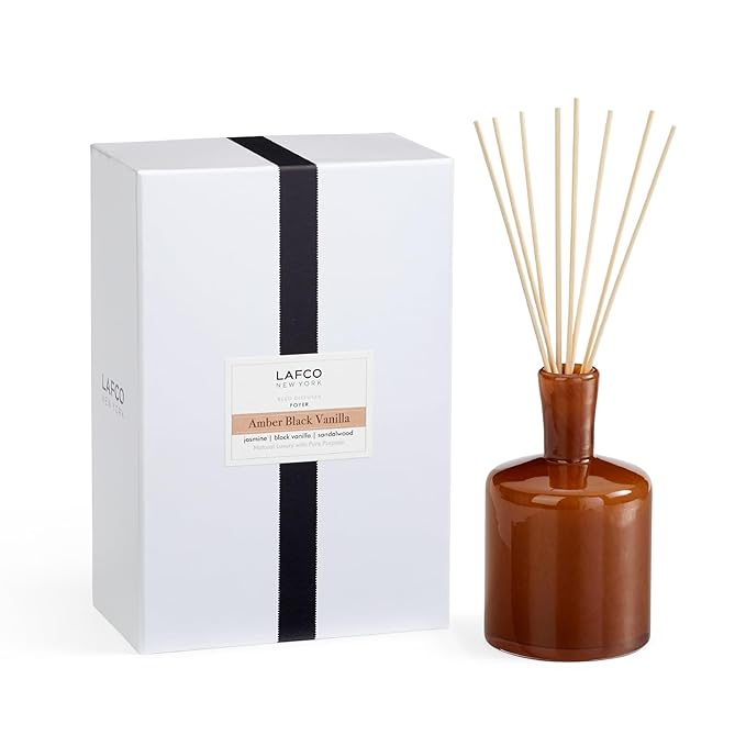 LAFCO New York Signature Reed Diffuser Amber Black Vanilla - 15 oz - Up to 9 Months Fragrance Life - Reusable Hand Blown Glass Vessel - Natural Wood Reeds - Made in The USA