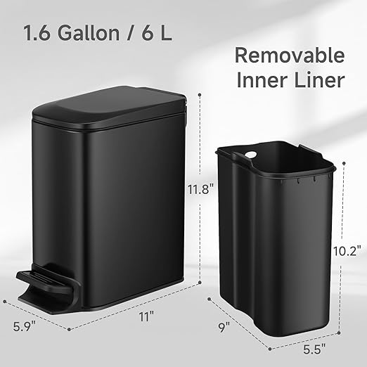 TIPGO Slim Bathroom Trash Can with Lid Soft Close Step Pedal 6 Liter / 1.6 Gallon Stainless Steel Trash Bin Small Garbage Cans for Bedroom Office Kitchen (Matte Black)